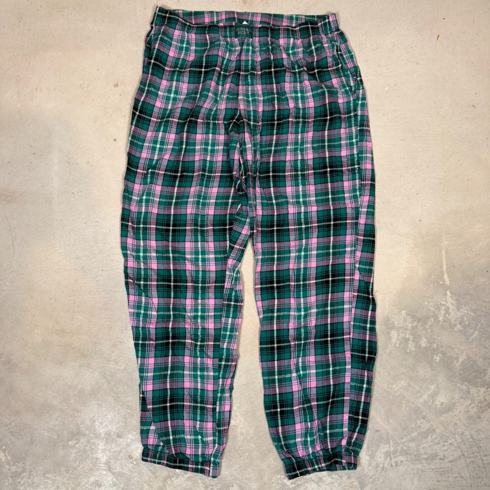 Victorias Secret Green Pink Plaid Lurex Jogger Pajama Pants Large Long